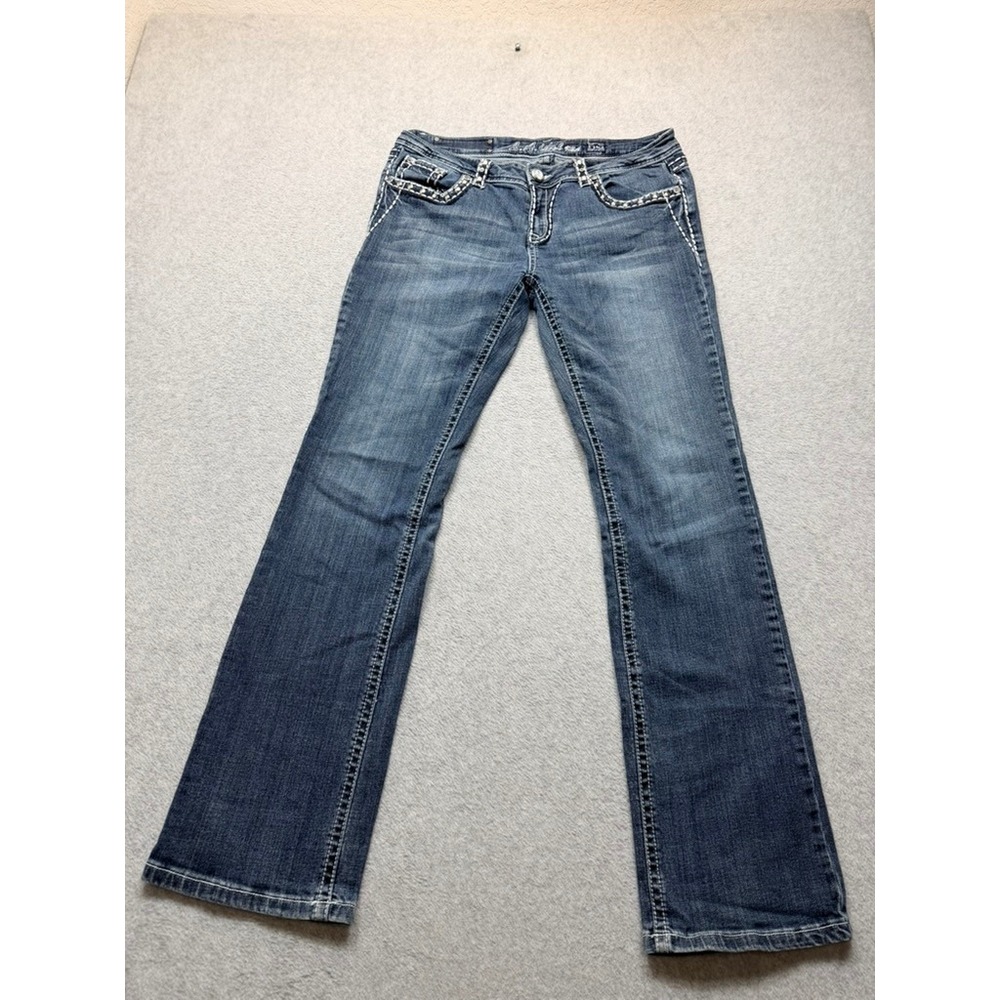 LA Idol Bootcut Jeans Medium Wash Embellished Fleur De Lis Size 28